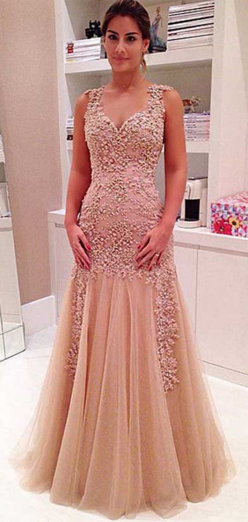 Elegant Spaghetti Strap Sleeveless A-line Lace Long Prom Dresses Online, OL473