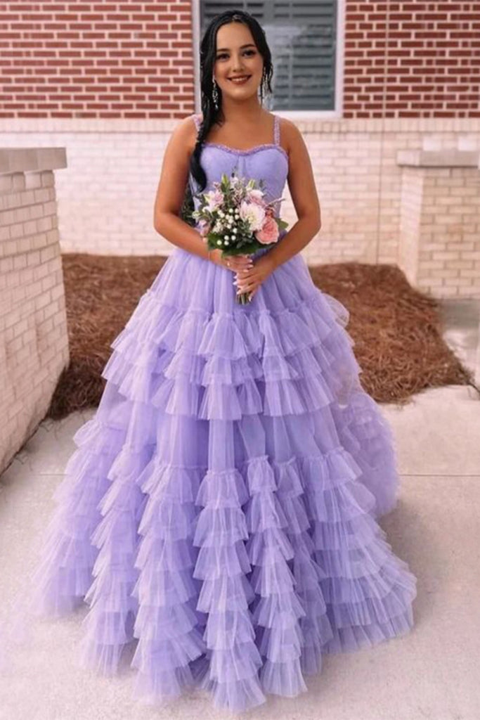 Elegant Spaghetti Strap Sleeveless A-line Tulle Long Evening Prom Dresses Online, OLP637