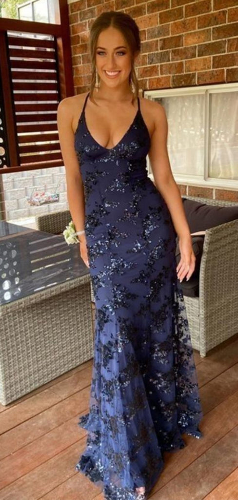 Floral Spaghetti Strap V-neck Sleeveless Mermaid Tulle Long Prom Dresses Online, OL525