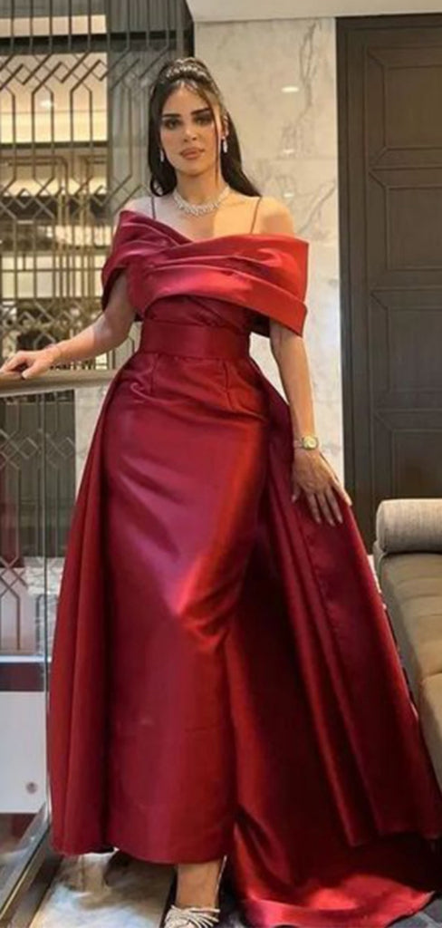 Formal Off-shoulder Sleeveless Mermaid Satin Red Long Prom Dresses Online, OLP617