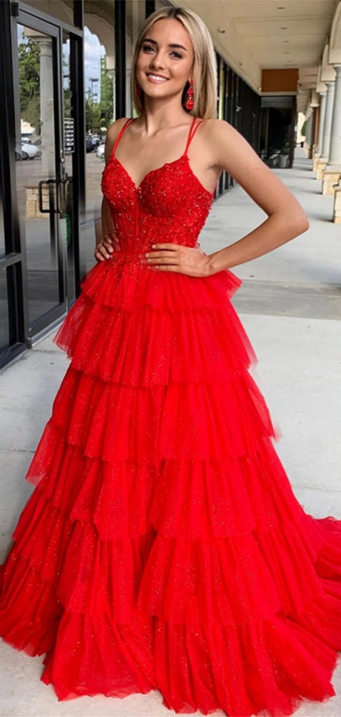 Formal Spaghetti Strap Sleeveless Red Tulle A-line Long Prom Dresses With Trailing For Party Online, OL357