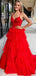 Formal Spaghetti Strap Sleeveless Red Tulle A-line Long Prom Dresses With Trailing For Party Online, OL357