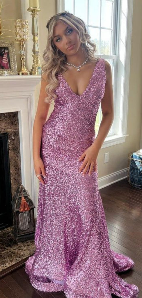 Elegant V-neck Sleeveless Mermaid Sequin Evening Prom Dresses Online, OLP890