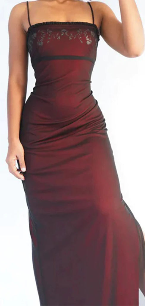 Popular Spaghetti Straps Mermaid Black Red Long Evening Prom Dress with Side Slit, OL059