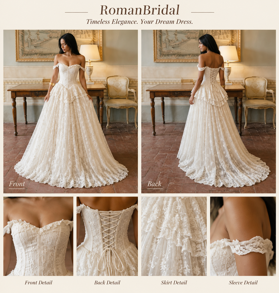 Elegant Off-Shoulder Corset Wedding Dresses Unique Lace A-Line Floor-Length Gown,WD0622