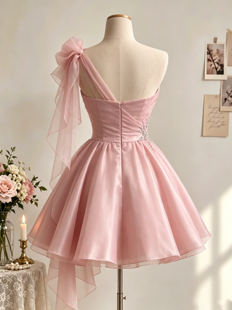 Classy Pink Sweetheart Pleated Organza Mini Homecoming Dress with Crystal Beading,HD1357