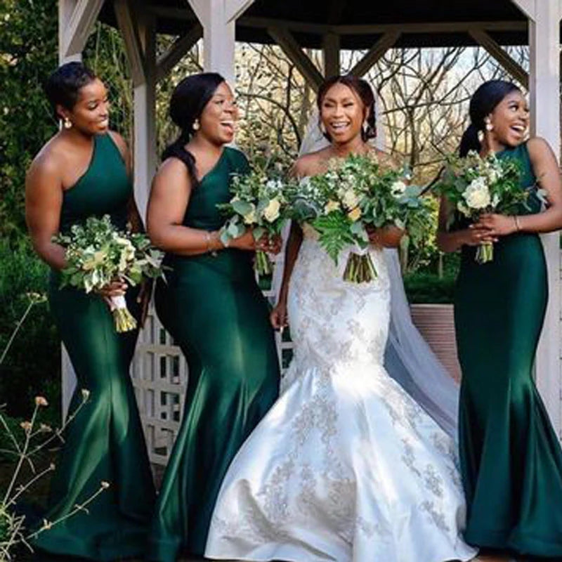 Elegant One Shoulder Mermaid Dark Green Satin Long Bridesmaid Dresses Online, BG676