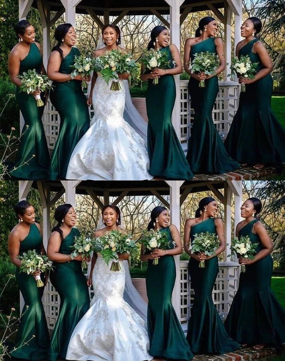 Elegant One Shoulder Mermaid Dark Green Satin Long Bridesmaid Dresses Online, BG676