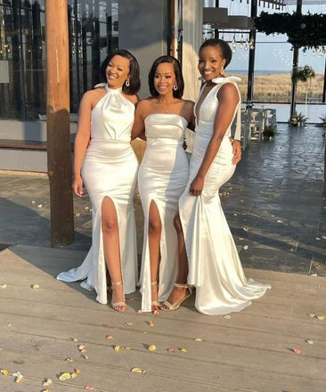 Mismatched Elegant Mermaid Halter Ivory Satin Long Bridesmaid Dresses Online, BG679