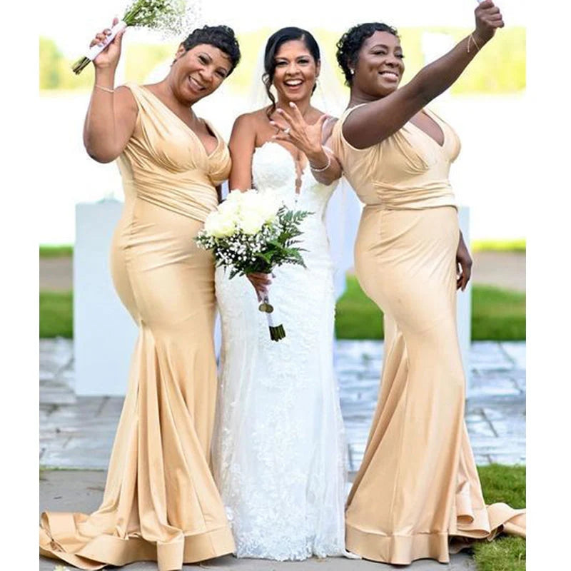 Elegant V-neck Mermaid Sleeveless Daffodil Satin Long Bridesmaid Dresses Online, BG680