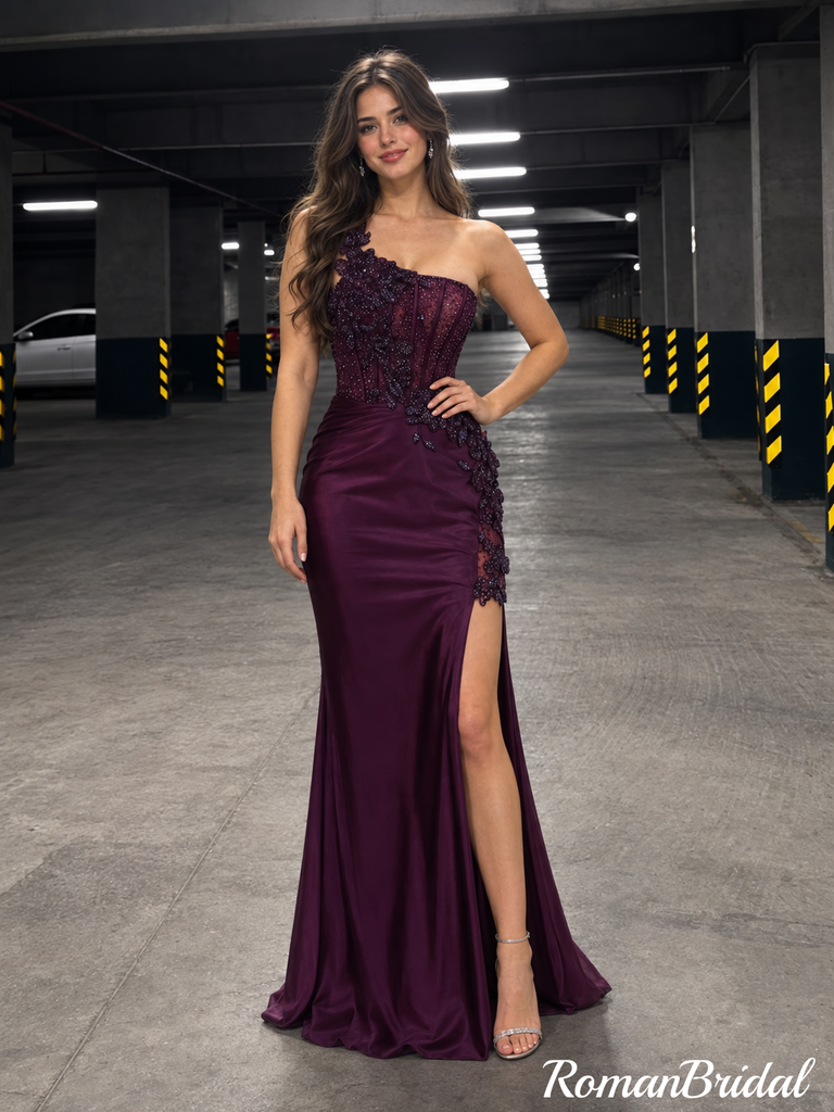 Sexy Purple One Shoulder High Slit Mermaid Long Satin Prom Dress,OLP2468