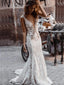 Elegant V-neck Sleeveless Mermaid White Lace Long Wedding Dresses With Trailing, WD0551