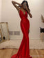 Sexy V-neck Sleeveless Mermaid Satin Long Prom Dresses With Trailing Online, OL469