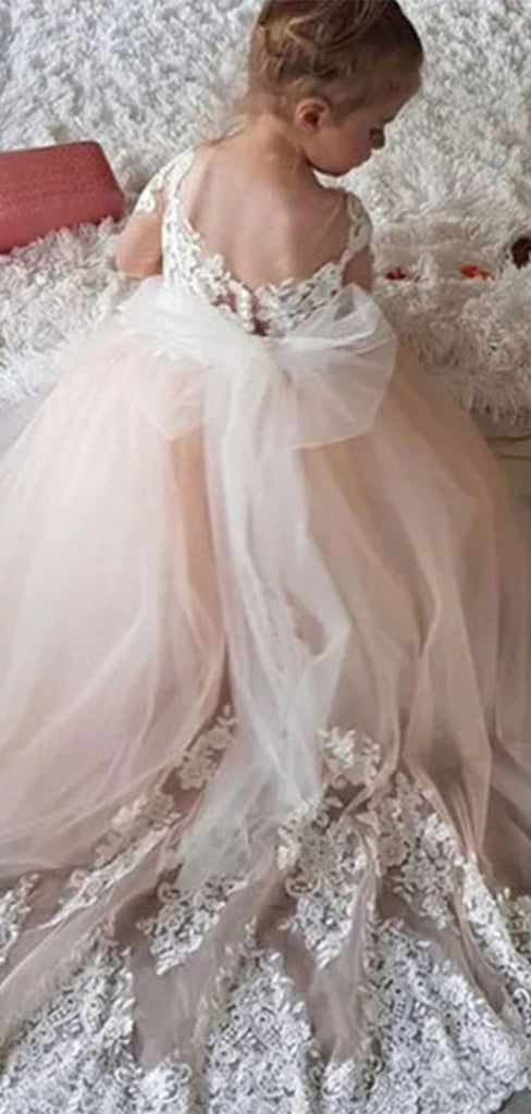 Flower Girl Dresses with Long Train O-Neck with Lace Wedding Gowns for Kids Birthday Party Girl Dresses,FGS0032