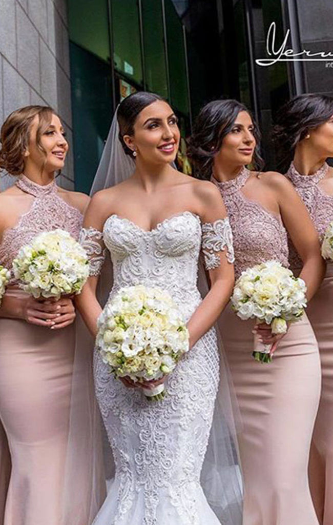 Sexy Pink Halter Sleeveless Lace Mermaid Long Bridesmaid Dresses Online, BG867