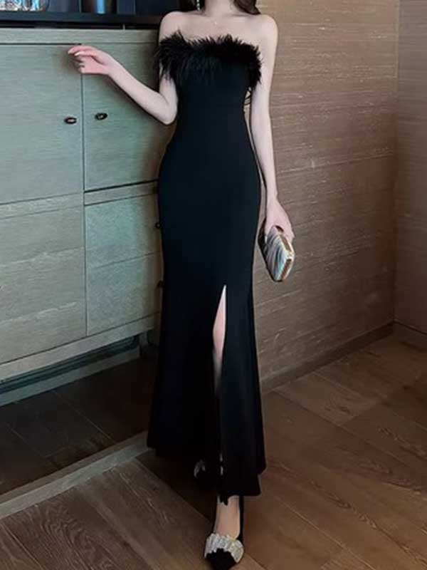 Sexy Sweetheart Sleeveless Mermaid Satin Black Long Prom Dresses With Slit For Party Online, OL457