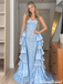 Unique Ice Blue Strapless Beaded Lace Ruffled Tiered Prom Dress,OLP252