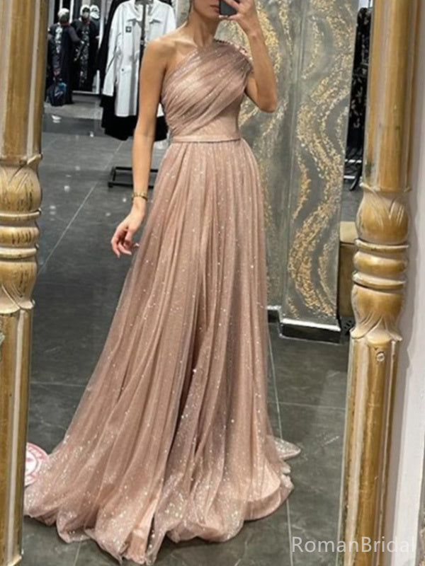 Shiny One-shoulder Sleeveless A-line Sequin Long Prom Dresses With Trailing Online, OL561