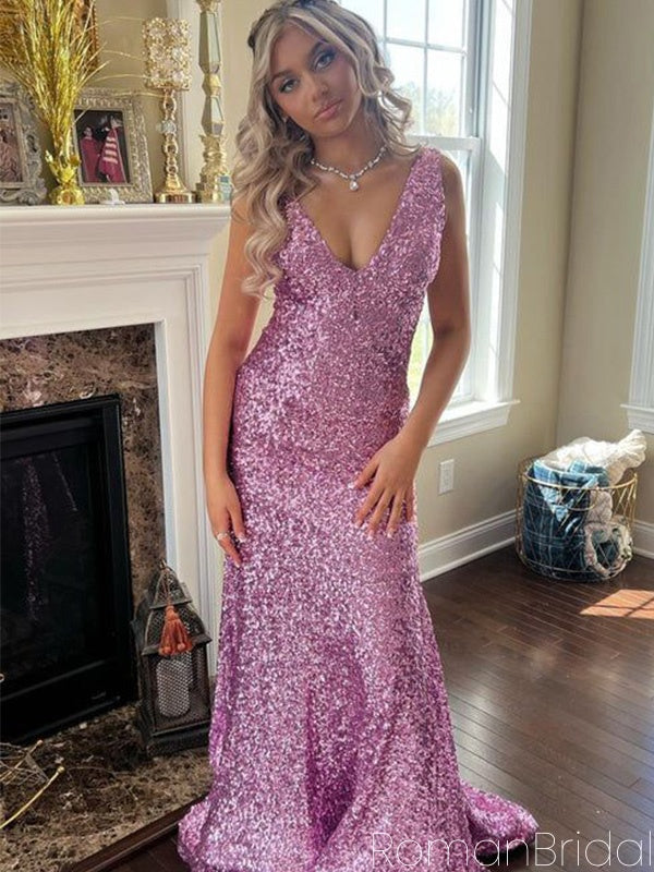 Elegant V-neck Sleeveless Mermaid Sequin Evening Prom Dresses Online, OLP890