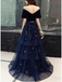 Elegant Navy Blue Off-Shoulder Tulle A-Line Long Formal Prom Dress, WGP332