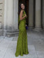 Soft V-neck Sleeveless Mermaid Satin Long Evening Prom Dresses Online, OLP653