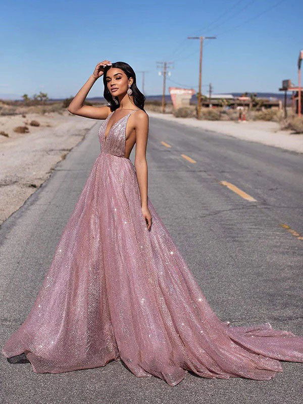 Sparkle Dusty Pink Deep V-Neck Backless Long A-line Evening Prom Dresses,OLP1726