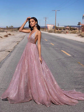 Sparkle Dusty Pink Deep V-Neck Backless Long A-line Evening Prom Dresses,OLP1726