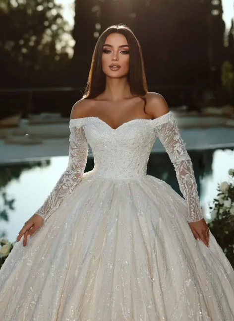Elegant White Off-Shoulder Lace A-Line Long Wedding Dresses With Sweep Trailing,WD0561