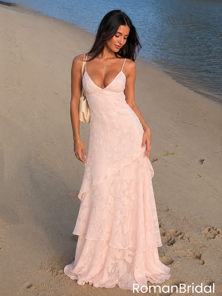 Classy Blush Pink V-Neck Spaghetti Strap Long Prom Dress with Textured Lace,OLP2371