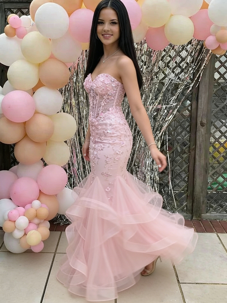 Fancy Pink Sweetheart Corset Prom Dress 3D Floral Ruffle Tiered Mermaid Gown,OLP1842