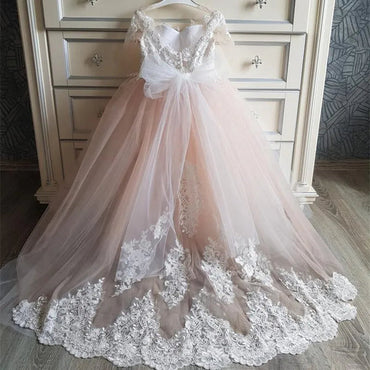 Flower Girl Dresses with Long Train O-Neck with Lace Wedding Gowns for Kids Birthday Party Girl Dresses,FGS0032