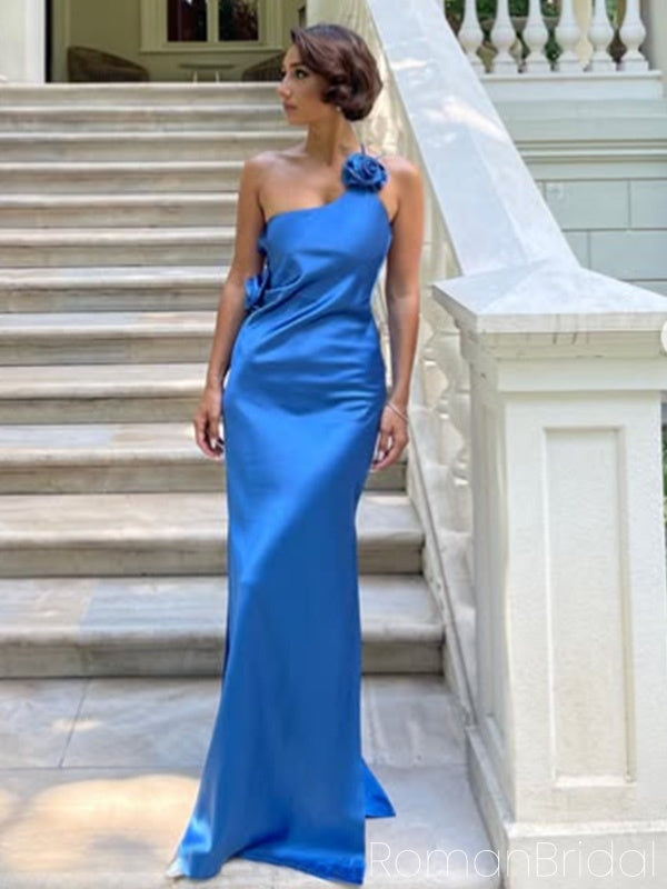 Sexy One-shoulder Sleeveless Mermaid Satin Evening Prom Dresses Online, OLP858