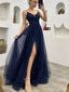 Shiny Spaghetti Strap V-neck Sleeveless A-line Tulle Long Prom Dresses Online, OL567