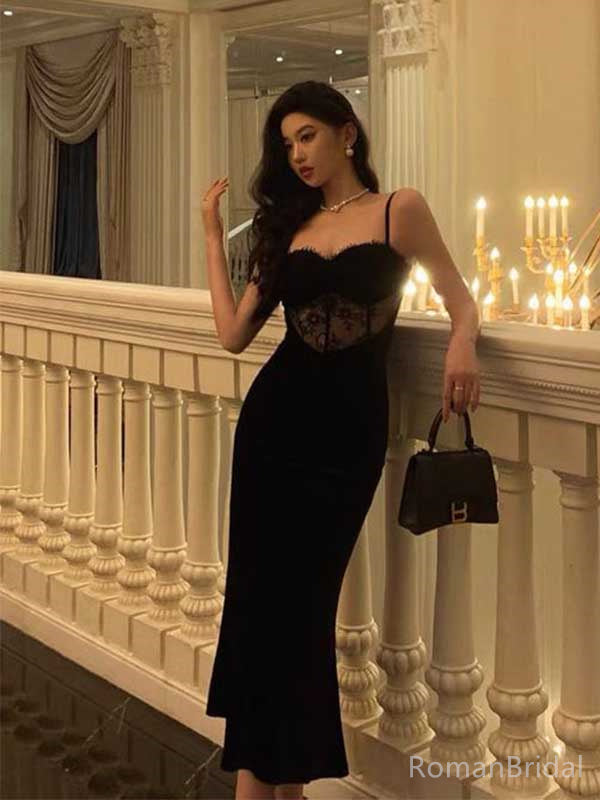 Sexy Black Spaghetti Strap Sleeveless Mermaid Satin Black Long Prom Dresses Online, OL509