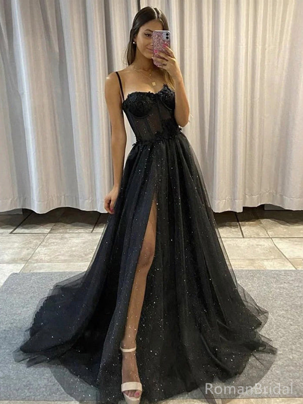 Formal Spaghetti Strap Sleeveless A-line Tulle Long Prom Dresses With Slit For Party Online, OL461