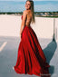 Formal Spaghetti Strap Sleeveless A-line Satin Long Prom Dresses With Slit Online, OL485