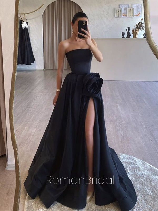 Formal Sweetheart Sleeveless A-line Satin Black Long Evening Prom Dresses Online, OLP629