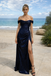 Classy Navy Blue Sequin Prom Dress Off the Shoulder Ruched Sparkly Mermaid Gown,OLP1847