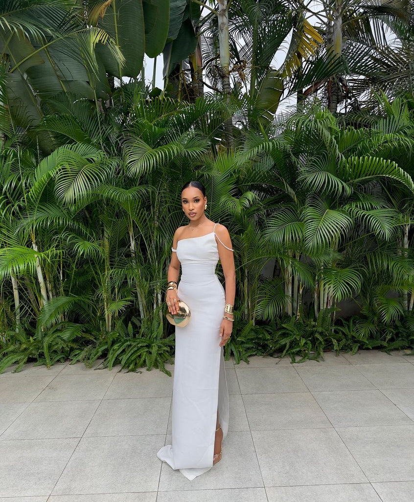 Sexy White  Spaghetti Strap Side Slit Mermaid  Evening Prom Dresses Online, OLP1148