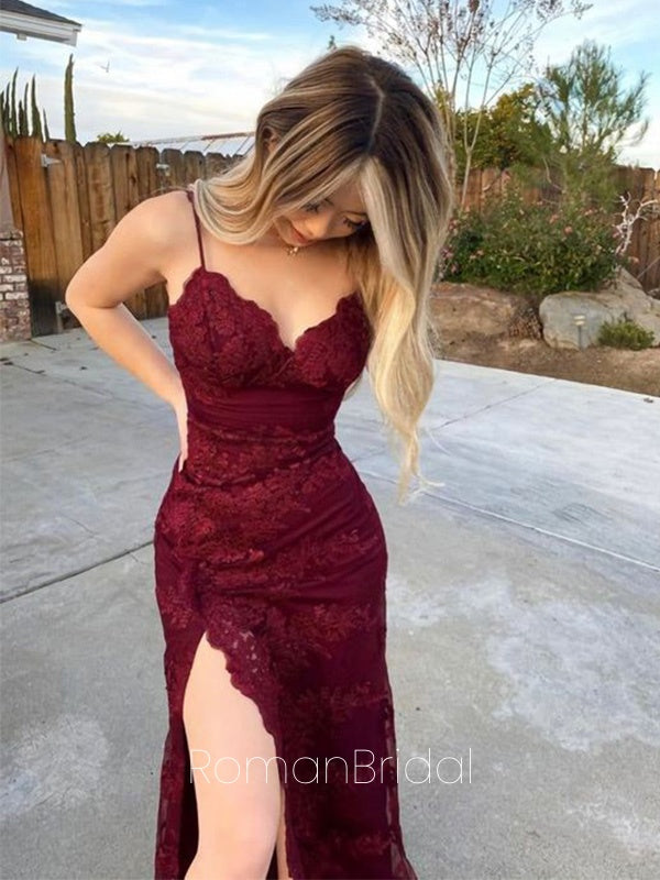 Elegant Spaghetti Strap Sleeveless Mermaid Lace Long Prom Dresses Online, OLP625