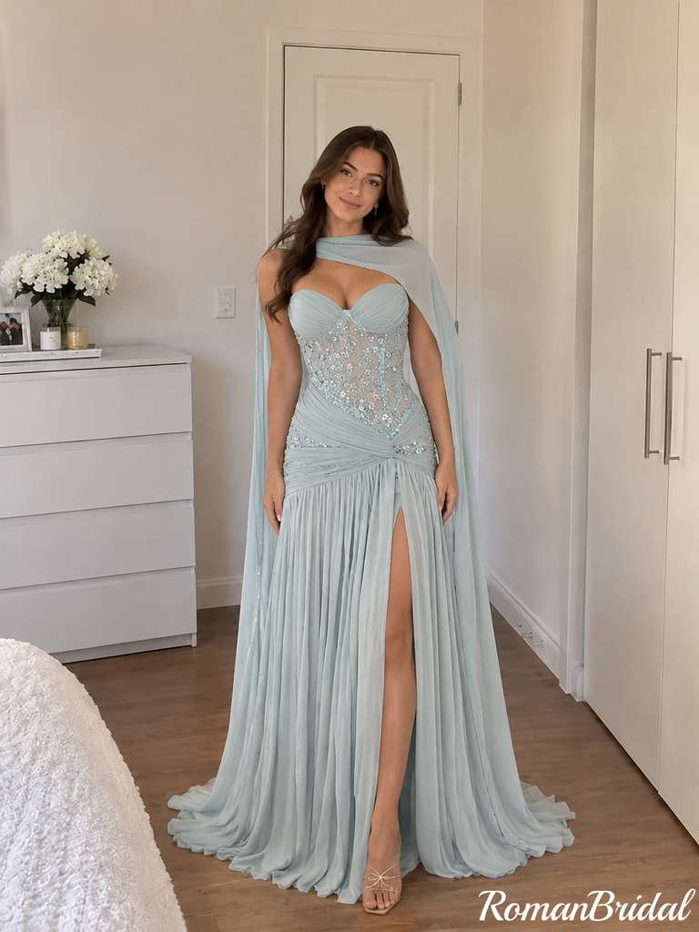 Unique Ice Blue Sweetheart Cape Corset High Slit Chiffon Prom Dress,OLP2488