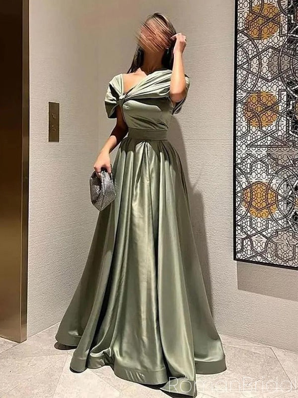 Formal Off-shoulder Sleeveless A-line Satin Long Evening Prom Dresses Online, OLP769