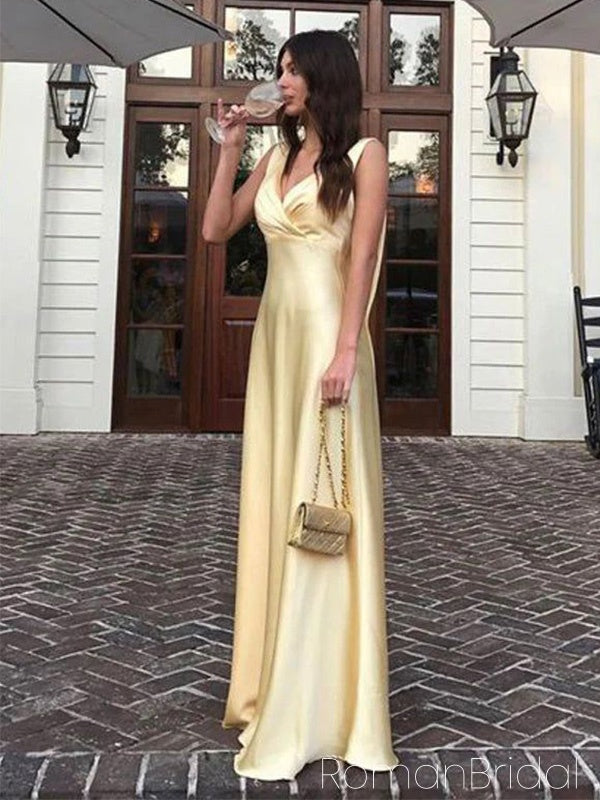 Soft V-neck Sleeveless A-line Satin Evening Prom Dresses Online, OLP894