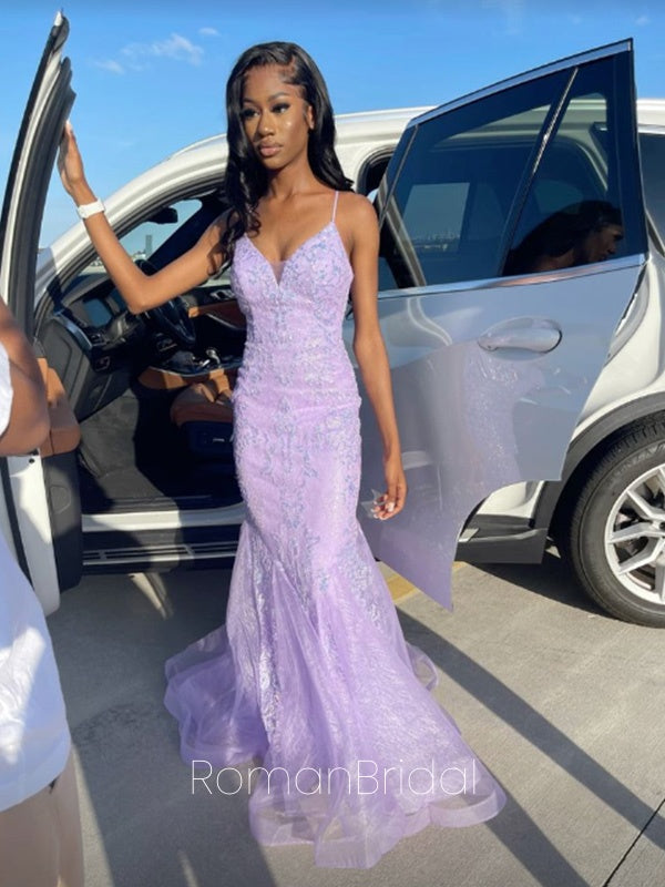 Sexy Spaghetti Strap V-neck Sleeveless Mermaid Lace Long Prom Dresses Online, OL587