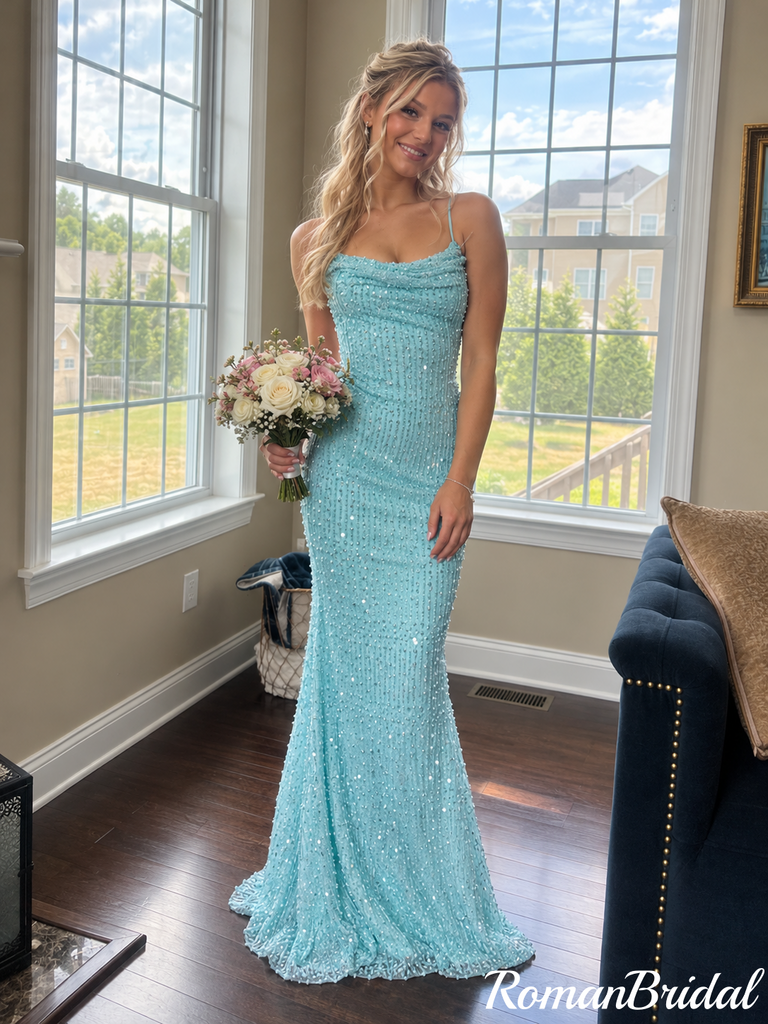 Unique Light Blue Cowl Neck Beaded Long Prom Dress,OLP2491