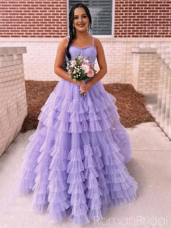 Elegant Spaghetti Strap Sleeveless A-line Tulle Long Evening Prom Dresses Online, OLP637