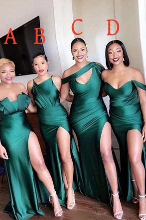 Simple Green Mismatched Sleeveless Mermaid Side Slit Long Bridesmaid Dresses Online , BG877