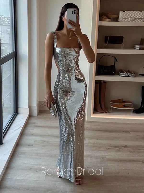 Shiny Square Sleeveless Mermaid Sliver SequinLong Prom Dresses Online, OLP609