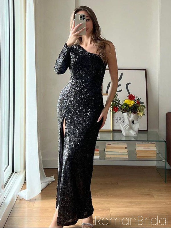 Sexy One-shoulder Sleeveless Mermaid Sequin Long Evening Prom Dresses Online, OLP753