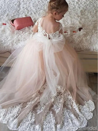 Flower Girl Dresses with Long Train O-Neck with Lace Wedding Gowns for Kids Birthday Party Girl Dresses,FGS0032